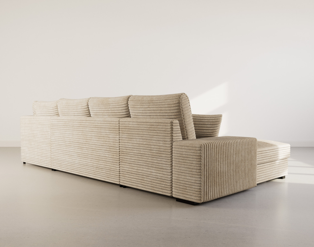 Canapé panoramique d'angle droit 7 places convertible en velours côtelé grosse côte avec coffre Lorie