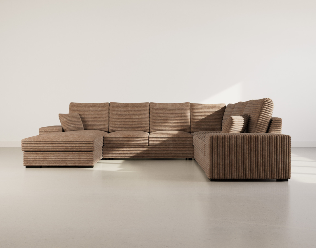 Canapé panoramique d'angle droit 7 places convertible en velours côtelé grosse côte avec coffre Lorie
