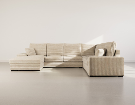 Canapé panoramique d'angle droit 7 places convertible en velours côtelé grosse côte avec coffre Lorie