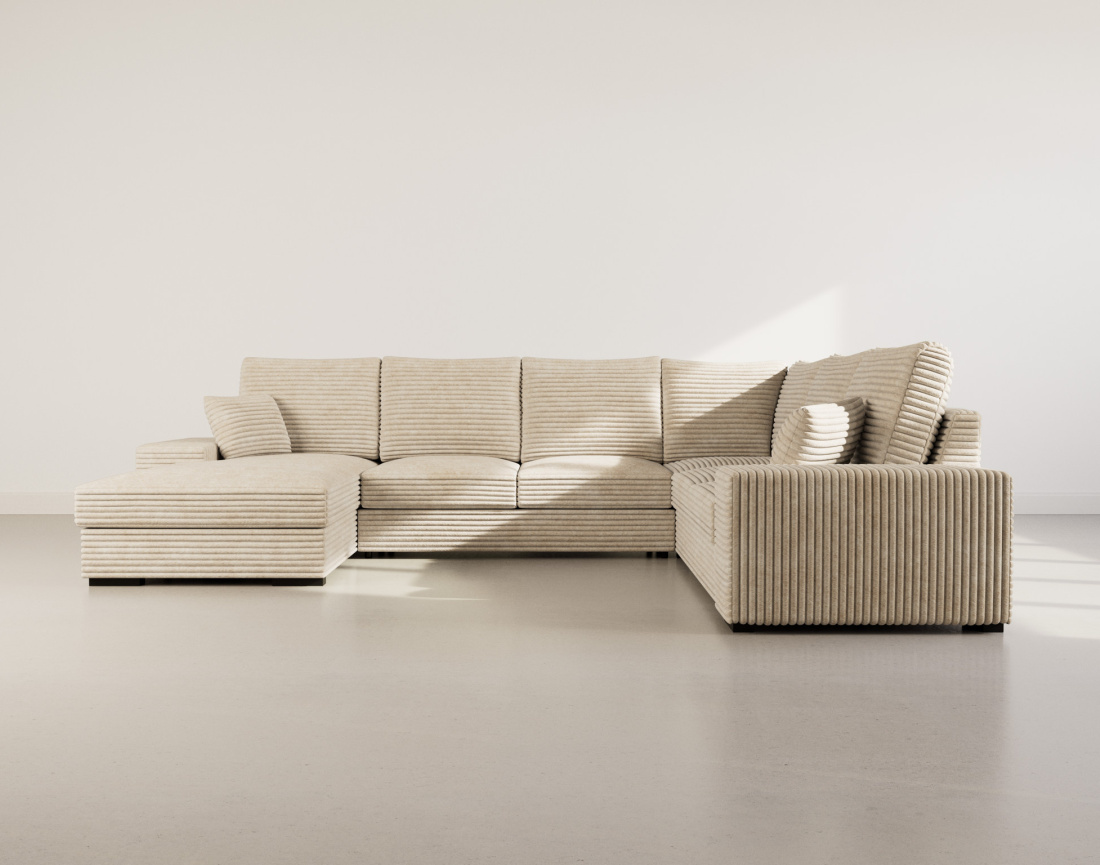 Canapé panoramique d'angle droit 7 places convertible en velours côtelé grosse côte avec coffre Lorie