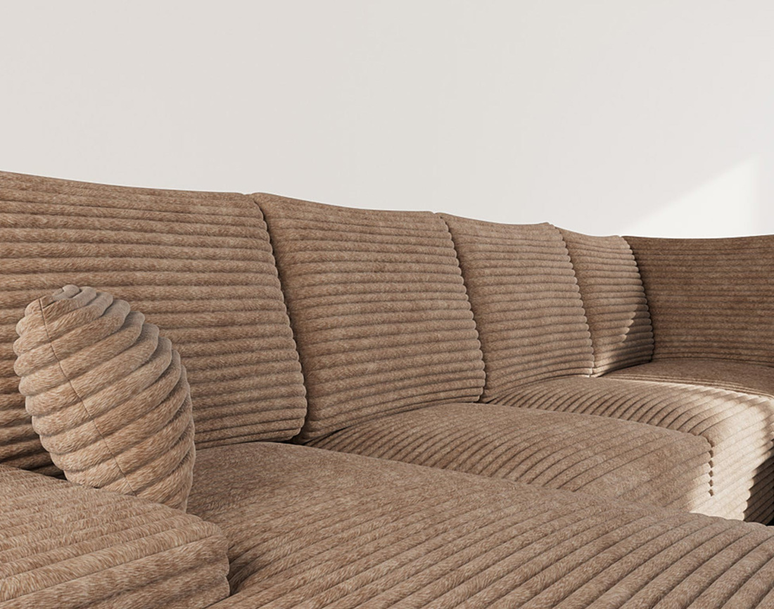 Canapé panoramique d'angle droit 7 places convertible en velours côtelé grosse côte avec coffre Lorie
