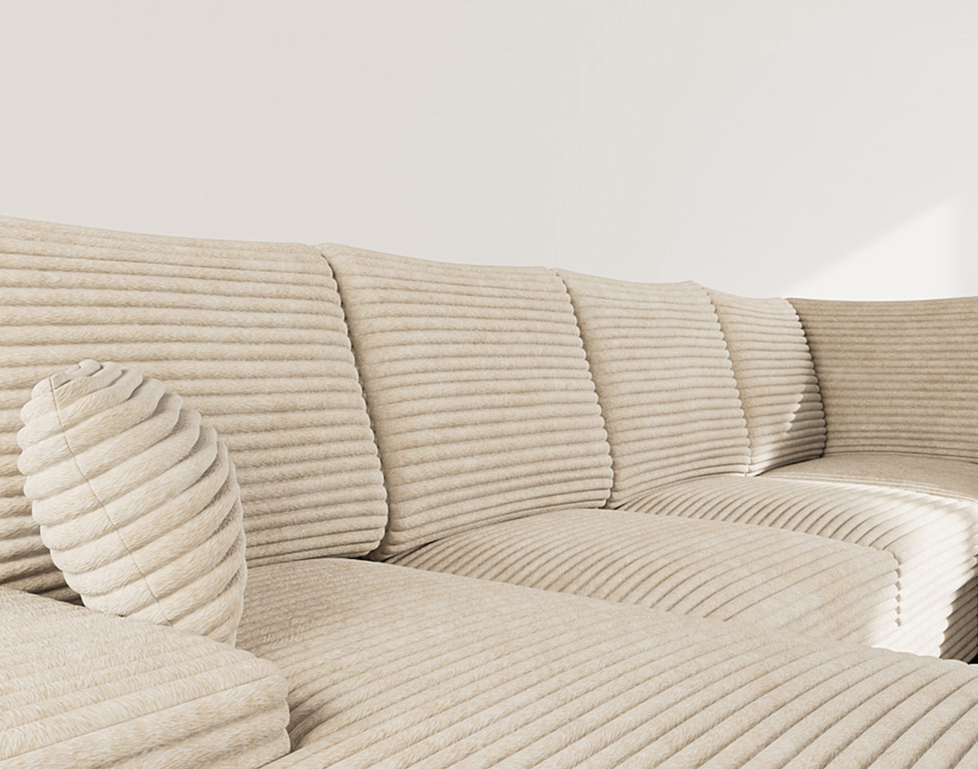 Canapé panoramique d'angle droit 7 places convertible en velours côtelé grosse côte avec coffre Lorie