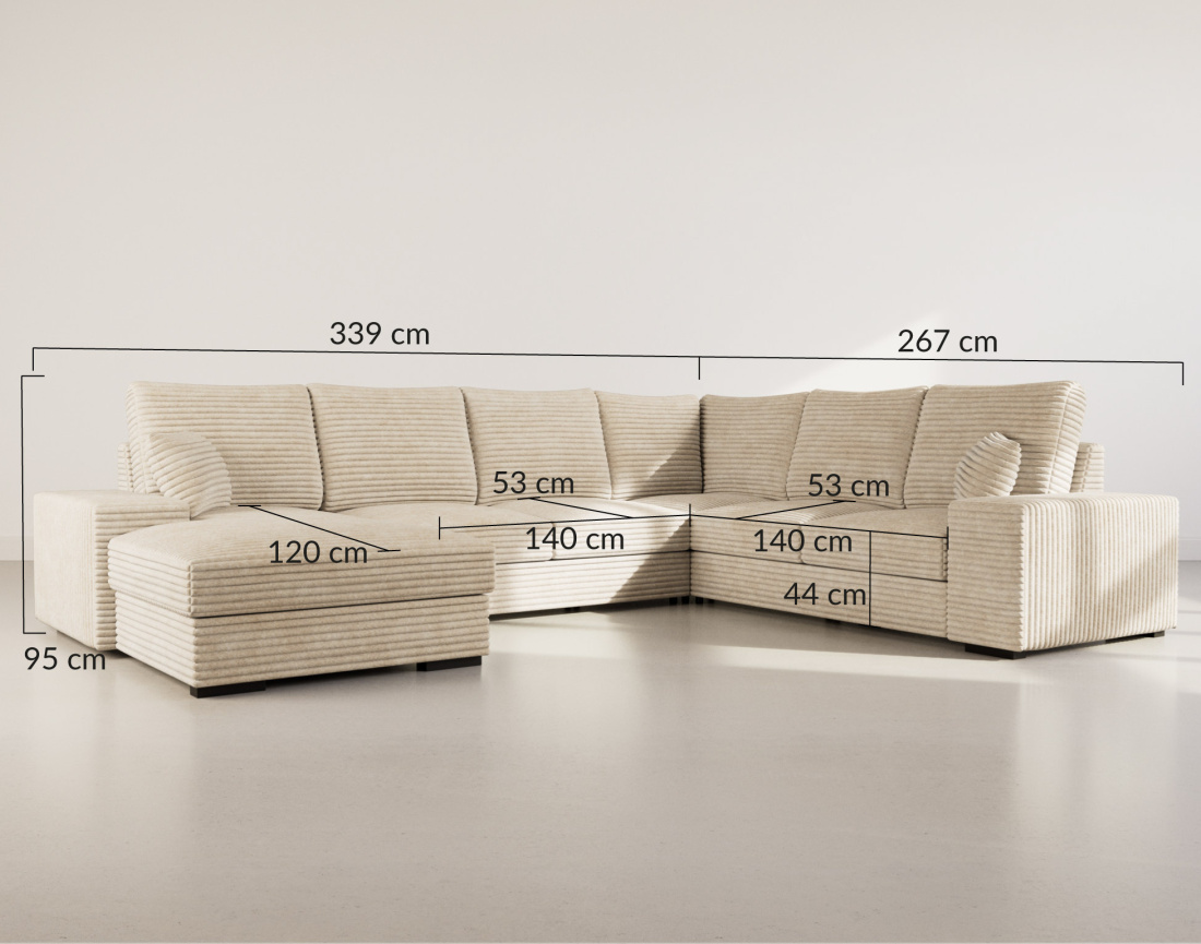 Canapé panoramique d'angle droit 7 places convertible en velours côtelé grosse côte avec coffre Lorie