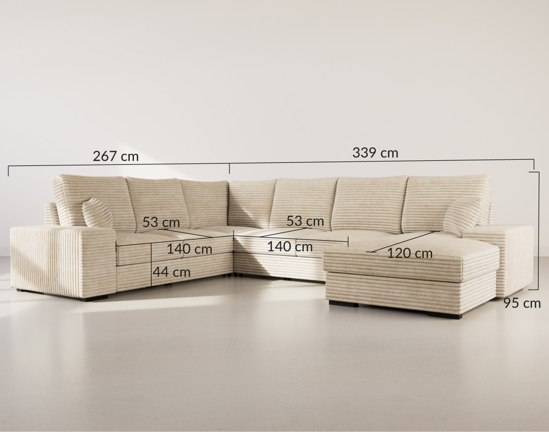 Canapé panoramique d'angle gauche 7 places convertible en velours côtelé grosse côte avec coffre Lorie