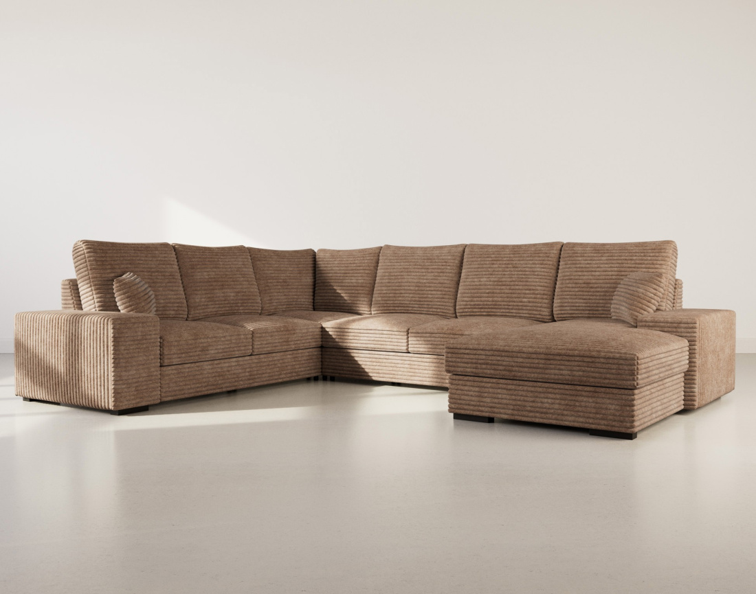 Canapé panoramique d'angle gauche 7 places convertible en velours côtelé grosse côte avec coffre Lorie