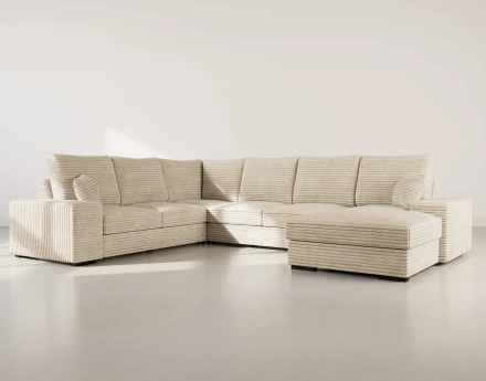 Canapé panoramique d'angle gauche 7 places convertible en velours côtelé grosse côte avec coffre Lorie