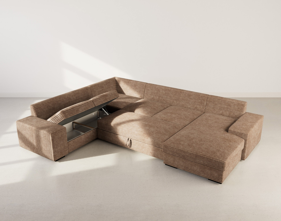 Canapé panoramique d'angle gauche 7 places convertible en velours côtelé grosse côte avec coffre Lorie