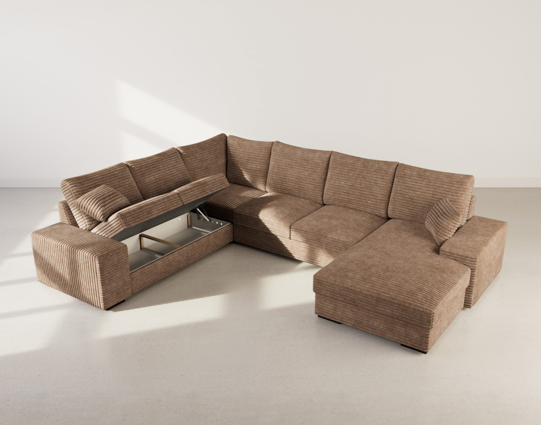 Canapé panoramique d'angle gauche 7 places convertible en velours côtelé grosse côte avec coffre Lorie