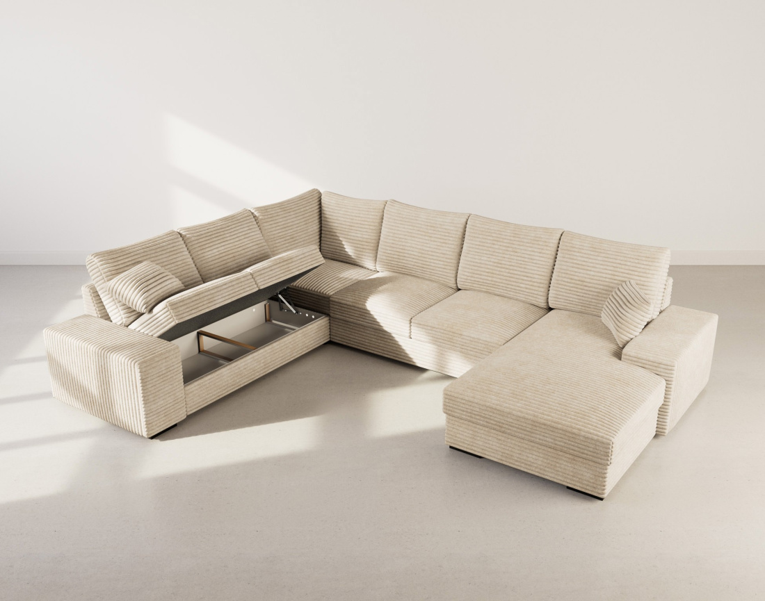 Canapé panoramique d'angle gauche 7 places convertible en velours côtelé grosse côte avec coffre Lorie