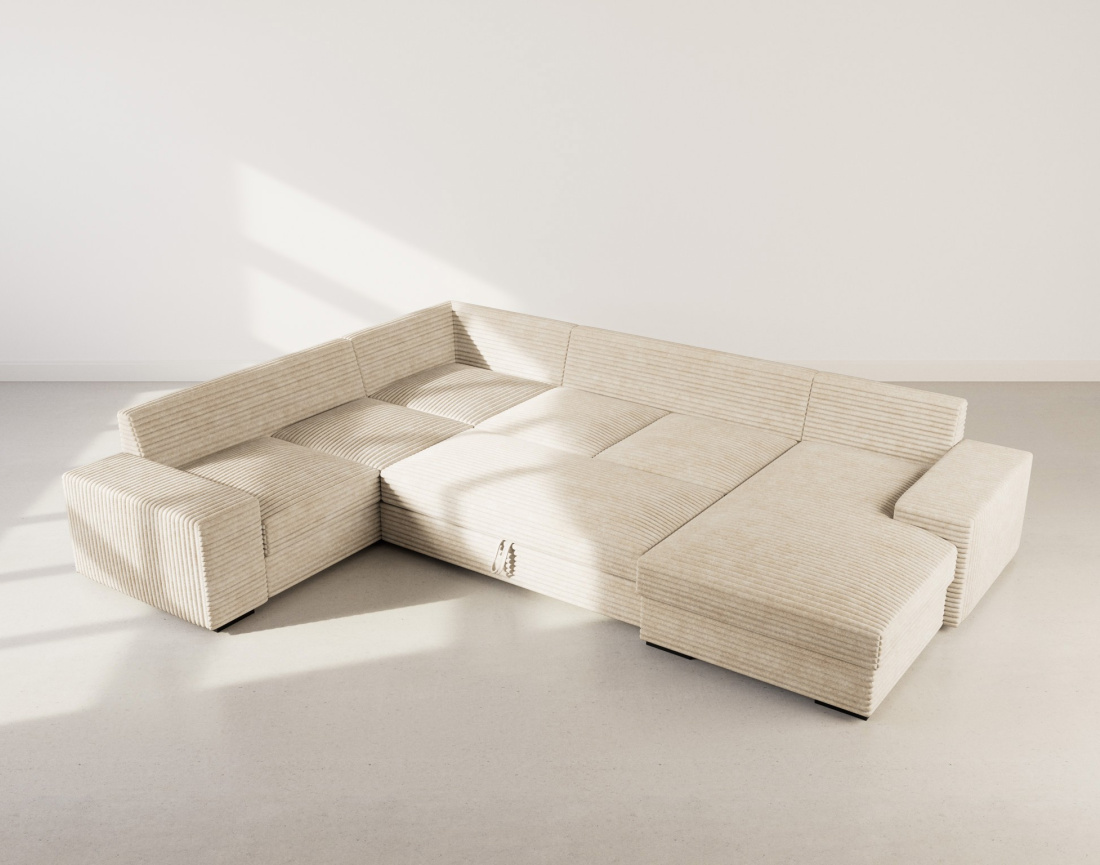 Canapé panoramique d'angle gauche 7 places convertible en velours côtelé grosse côte avec coffre Lorie