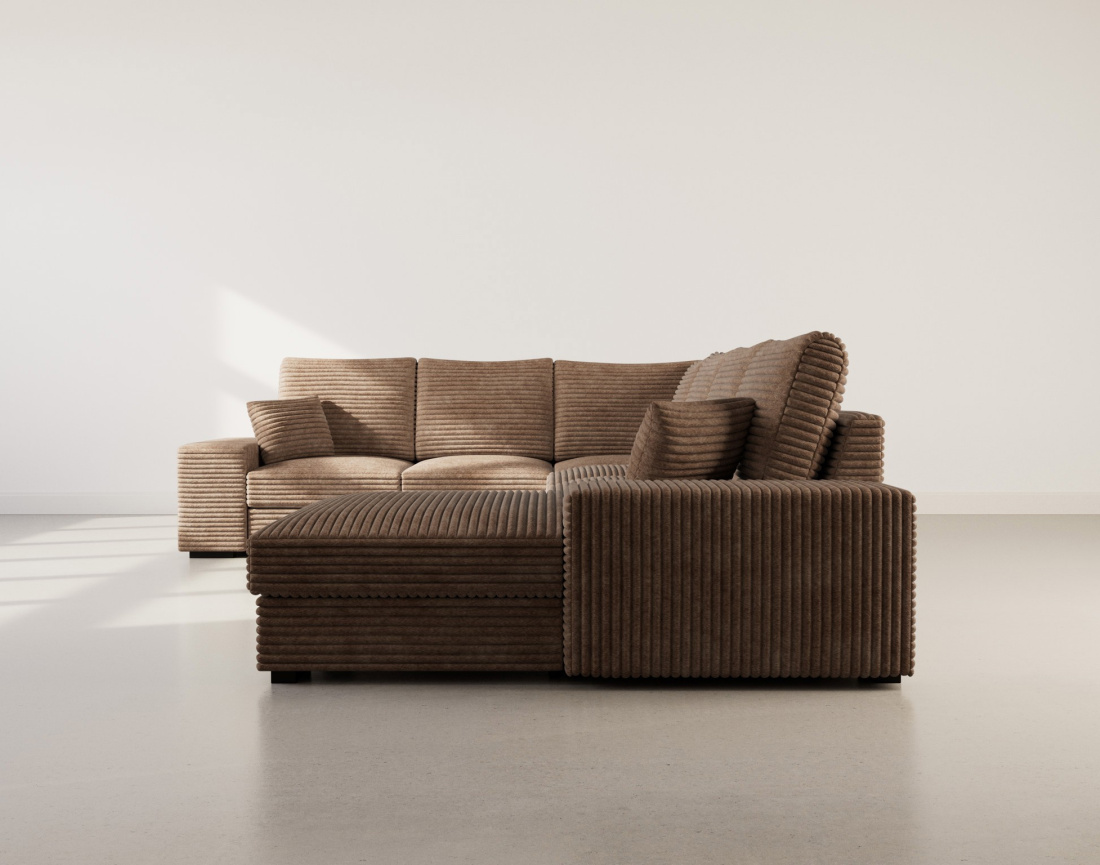 Canapé panoramique d'angle gauche 7 places convertible en velours côtelé grosse côte avec coffre Lorie