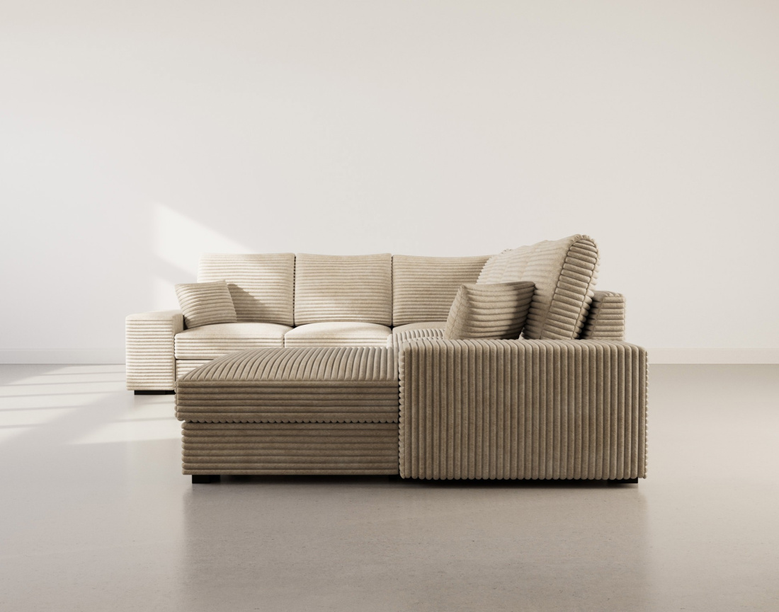 Canapé panoramique d'angle gauche 7 places convertible en velours côtelé grosse côte avec coffre Lorie