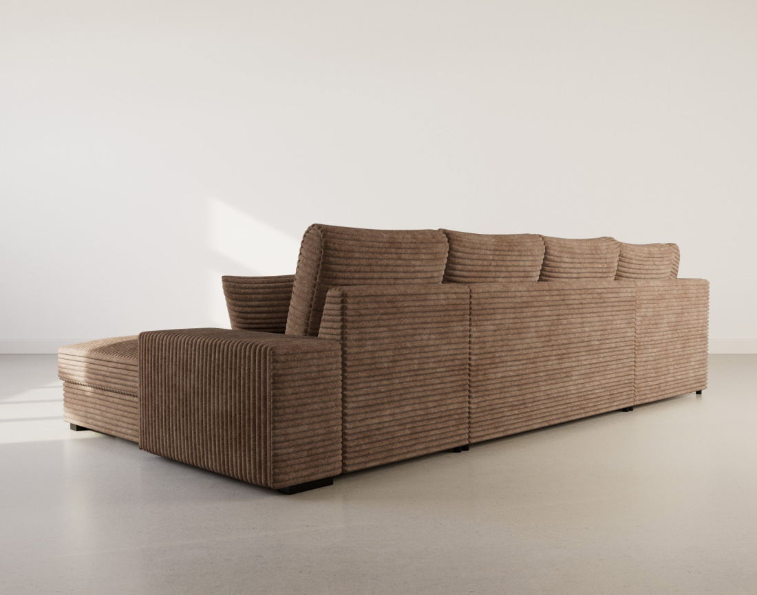 Canapé panoramique d'angle gauche 7 places convertible en velours côtelé grosse côte avec coffre Lorie