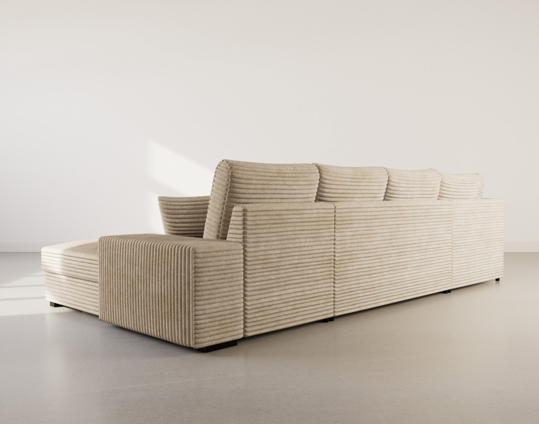 Canapé panoramique d'angle gauche 7 places convertible en velours côtelé grosse côte avec coffre Lorie