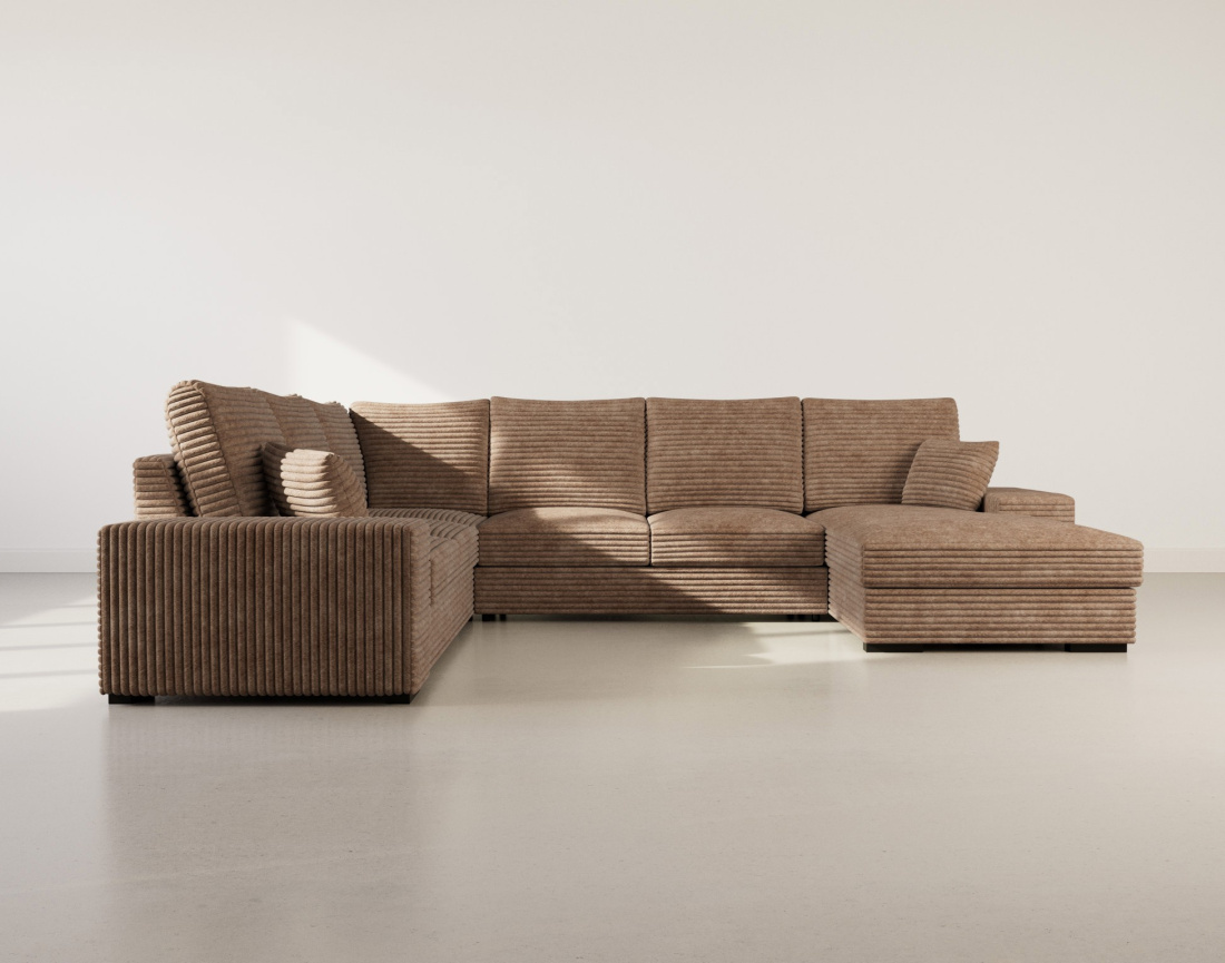 Canapé panoramique d'angle gauche 7 places convertible en velours côtelé grosse côte avec coffre Lorie