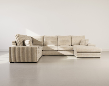 Canapé panoramique d'angle gauche 7 places convertible en velours côtelé grosse côte avec coffre Lorie