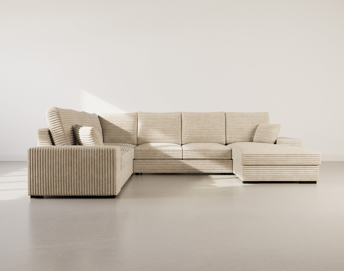 Canapé panoramique d'angle gauche 7 places convertible en velours côtelé grosse côte avec coffre Lorie