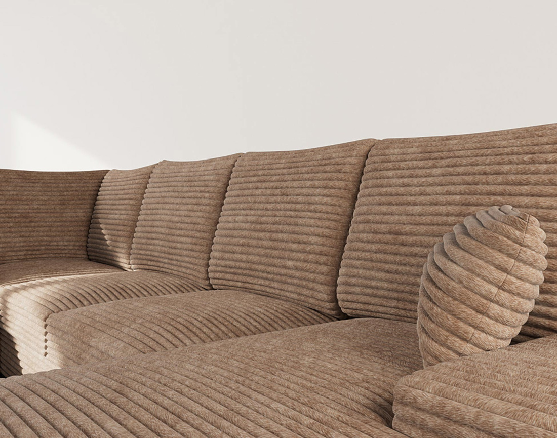 Canapé panoramique d'angle gauche 7 places convertible en velours côtelé grosse côte avec coffre Lorie