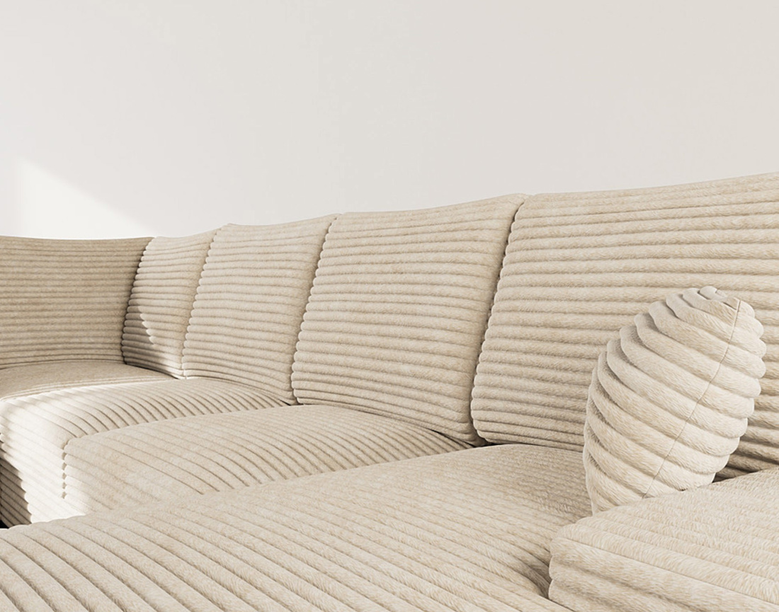 Canapé panoramique d'angle gauche 7 places convertible en velours côtelé grosse côte avec coffre Lorie