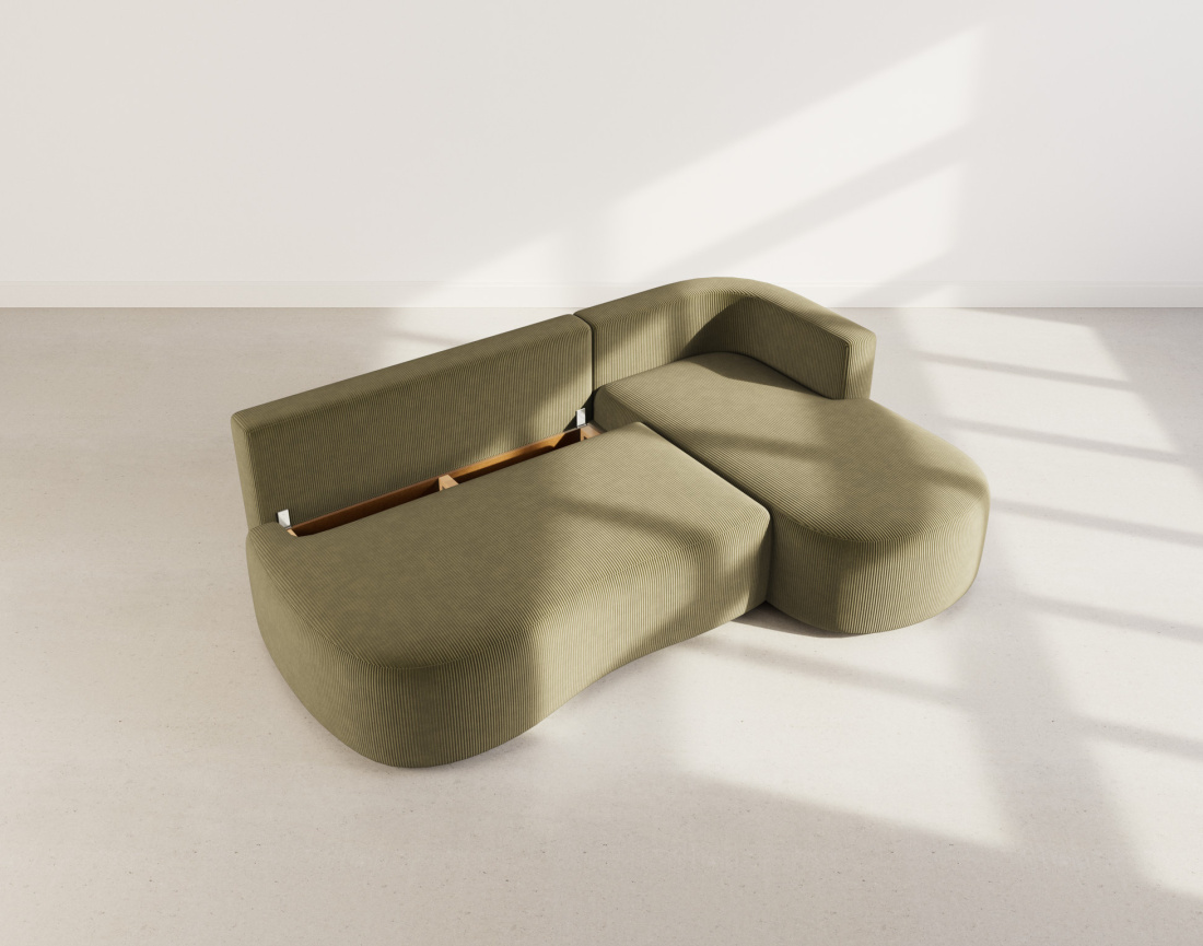 Canapé d'angle droit 4 places convertible avec coffre en velours côtelé Mahina