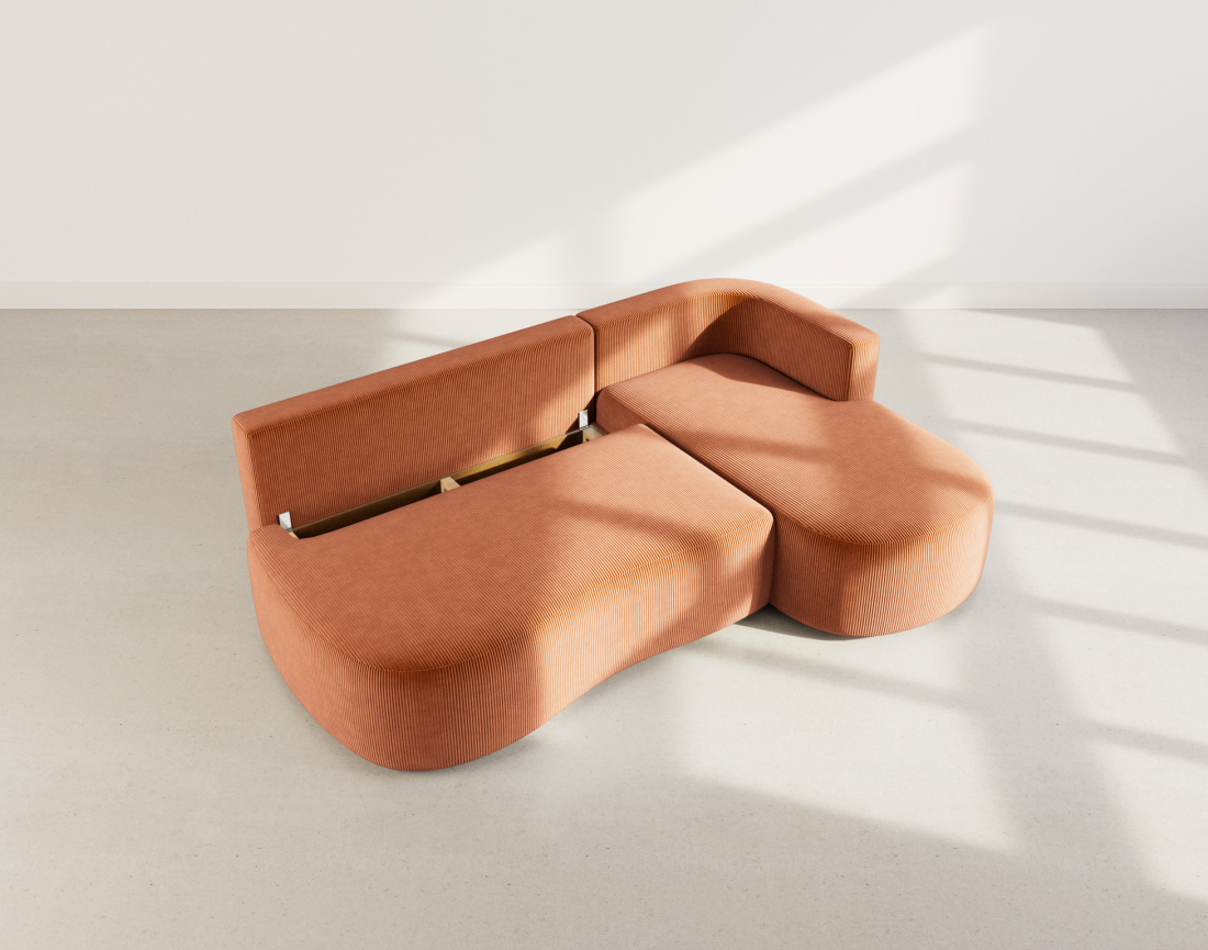 Canapé d'angle droit 4 places convertible avec coffre en velours côtelé Mahina