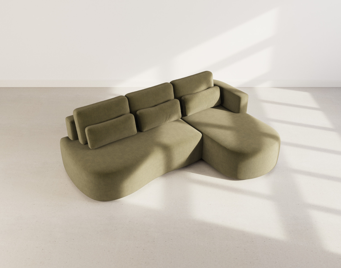 Canapé d'angle droit 4 places convertible avec coffre en velours côtelé Mahina