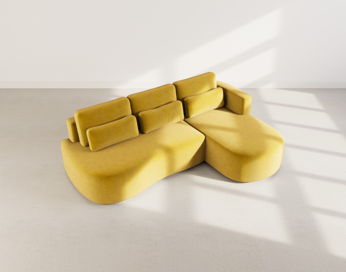 Canapé d'angle droit 4 places convertible avec coffre en velours côtelé Mahina