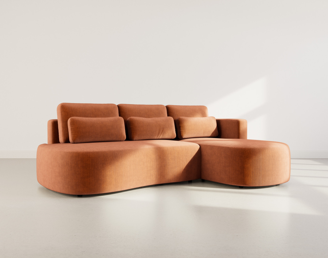 Canapé d'angle droit 4 places convertible avec coffre en velours côtelé Mahina