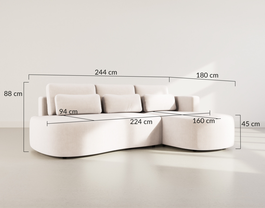 Canapé d'angle droit 4 places convertible avec coffre en velours côtelé Mahina