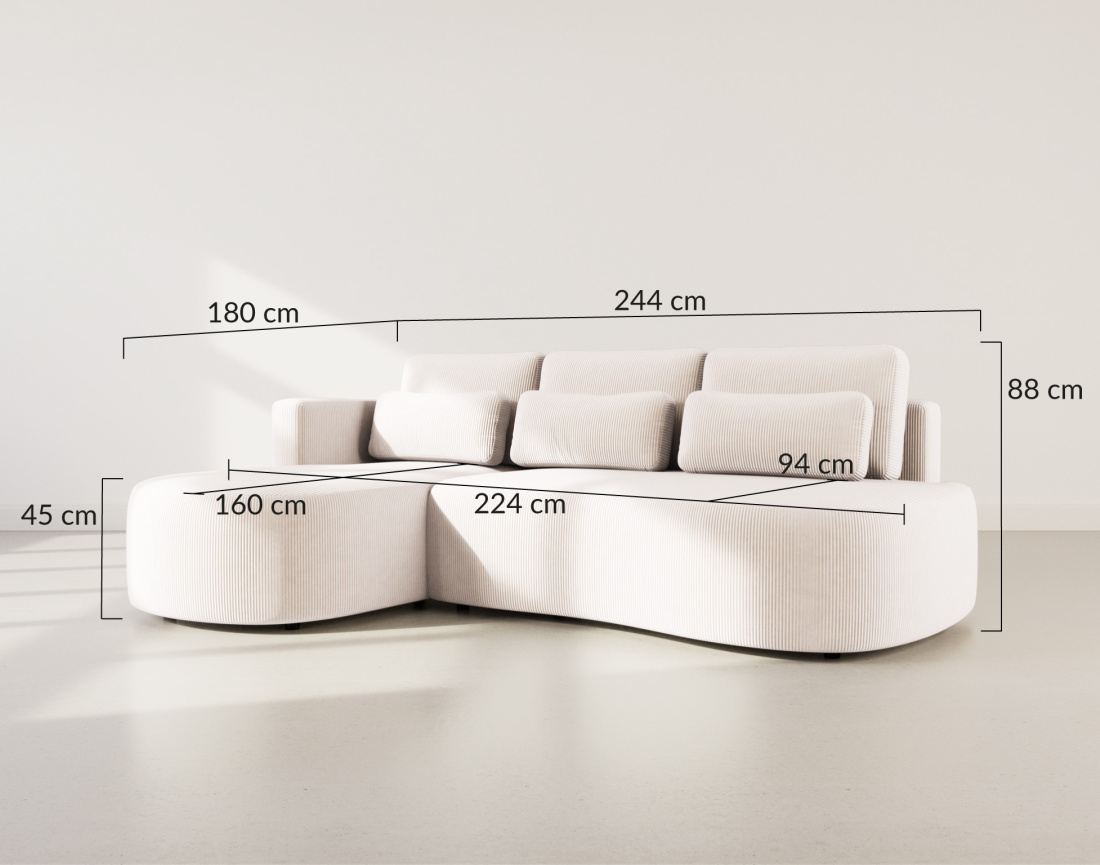 Canapé d'angle gauche 4 places convertible avec coffre en velours côtelé Mahina