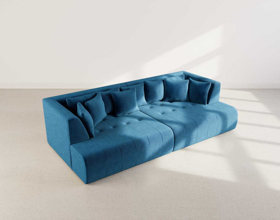 Canapé droit 4 places avec double méridienne - assise profonde - en velours côtelé Onyx