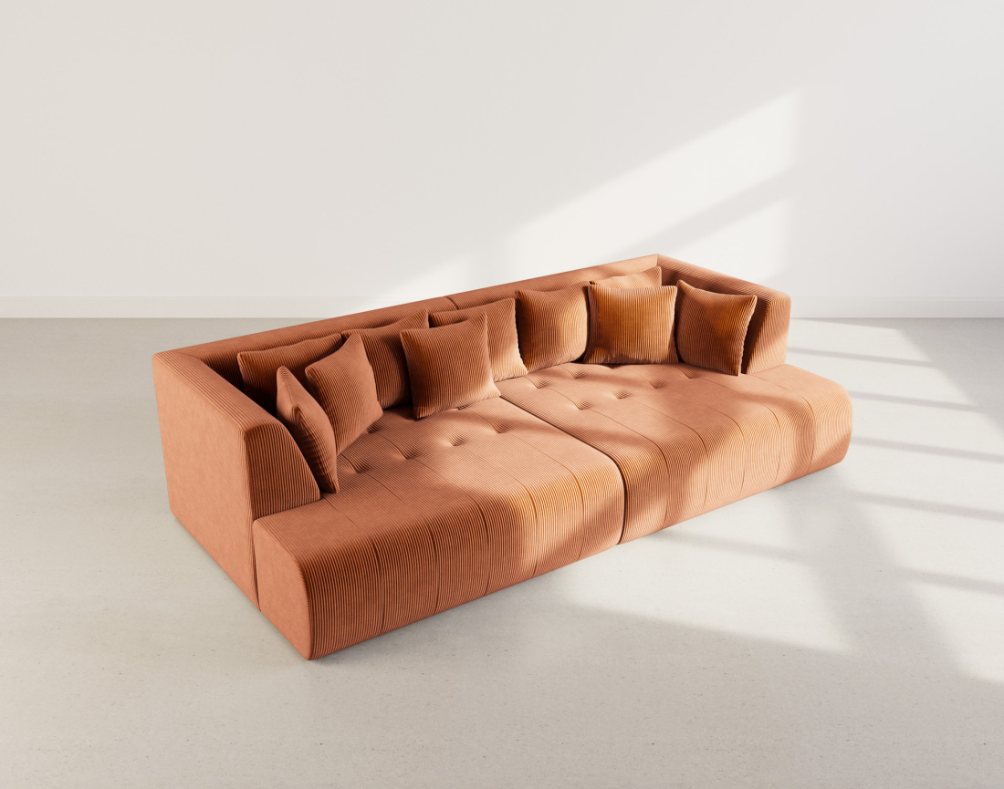 Canapé droit 4 places avec double méridienne - assise profonde - en velours côtelé Onyx