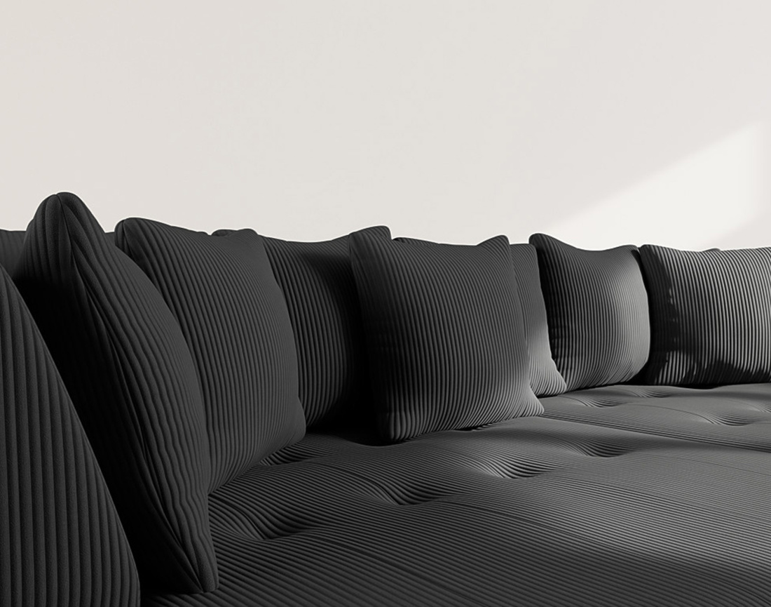 Canapé droit 4 places avec double méridienne - assise profonde - en velours côtelé Onyx