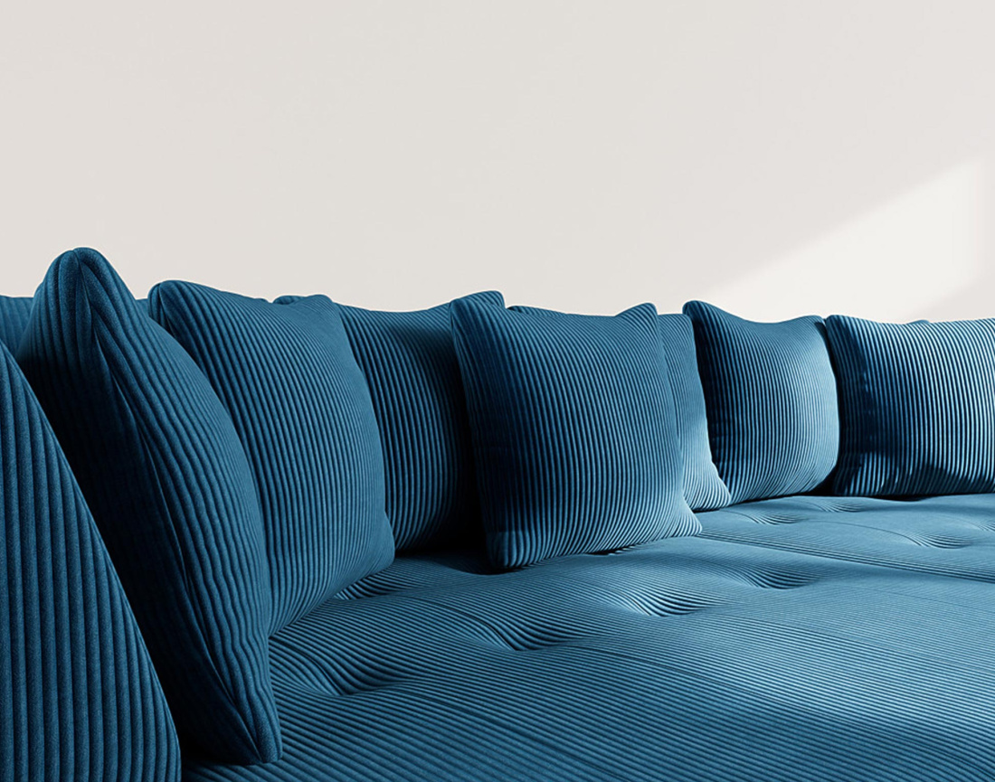 Canapé droit 4 places avec double méridienne - assise profonde - en velours côtelé Onyx