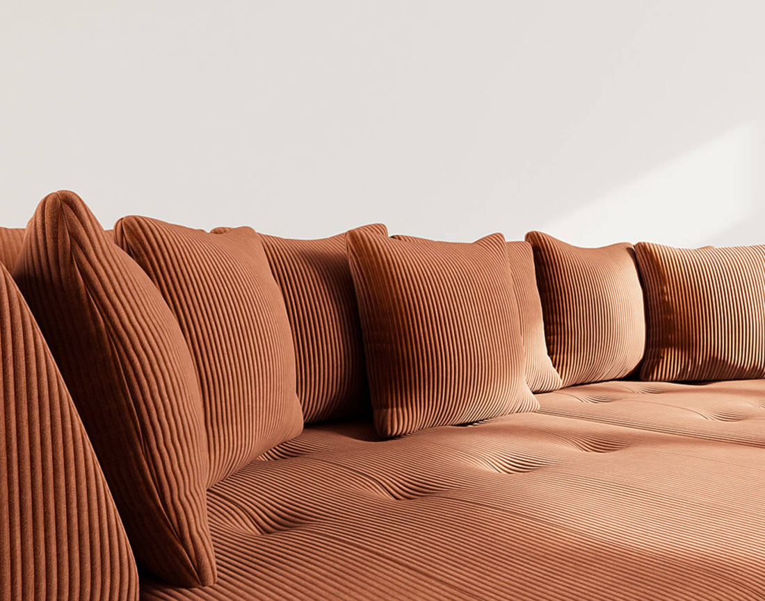 Canapé droit 4 places avec double méridienne - assise profonde - en velours côtelé Onyx