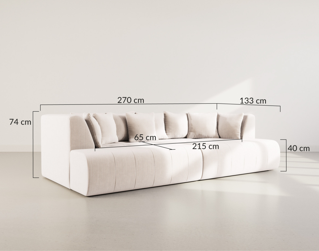 Canapé droit 4 places avec double méridienne - assise profonde - en velours côtelé Onyx