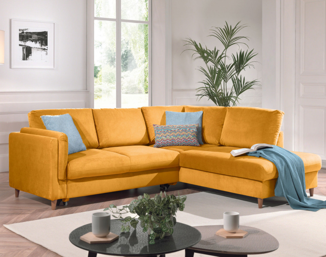 Canapé d'angle droit convertible 5 places en velours Brooke