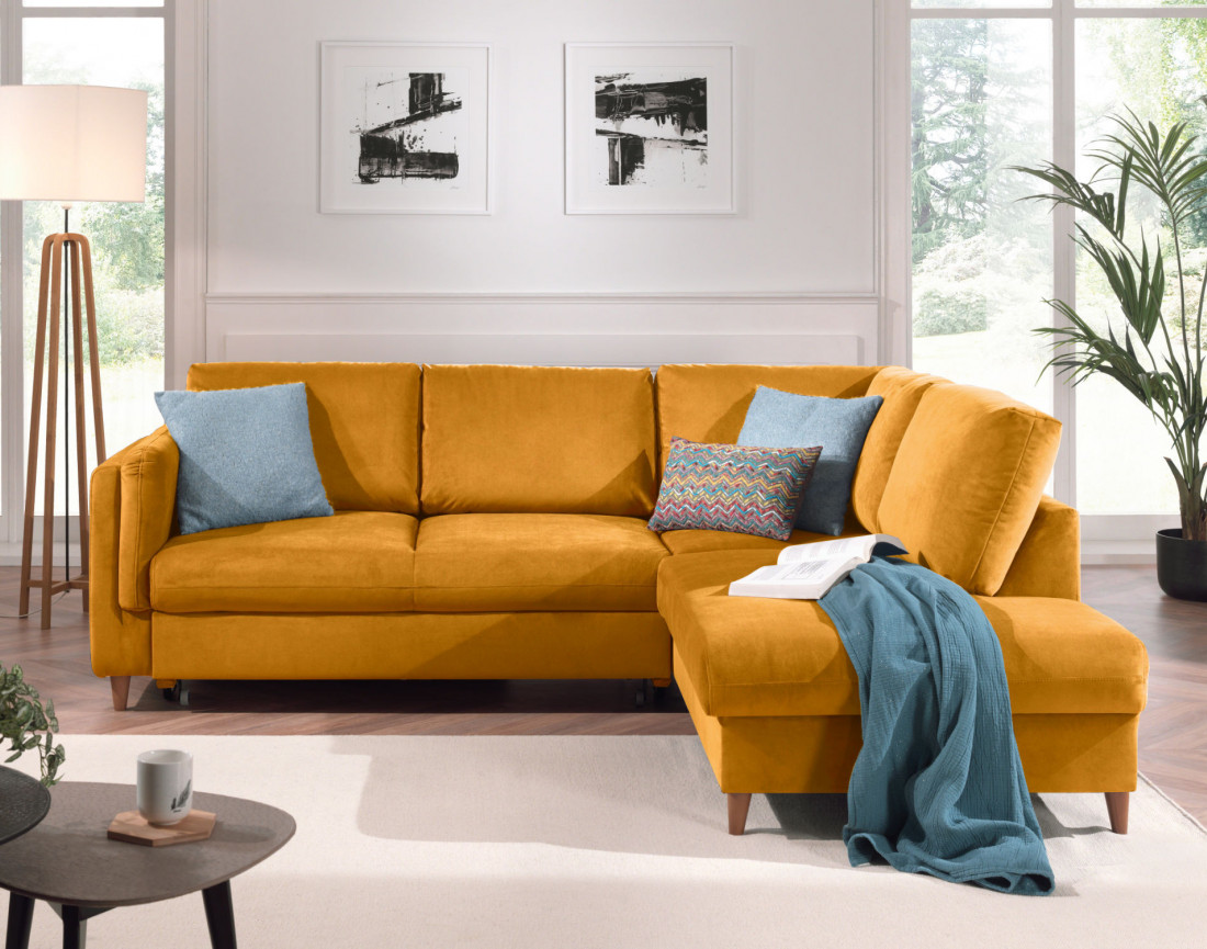 Canapé d'angle droit convertible 5 places en velours Brooke