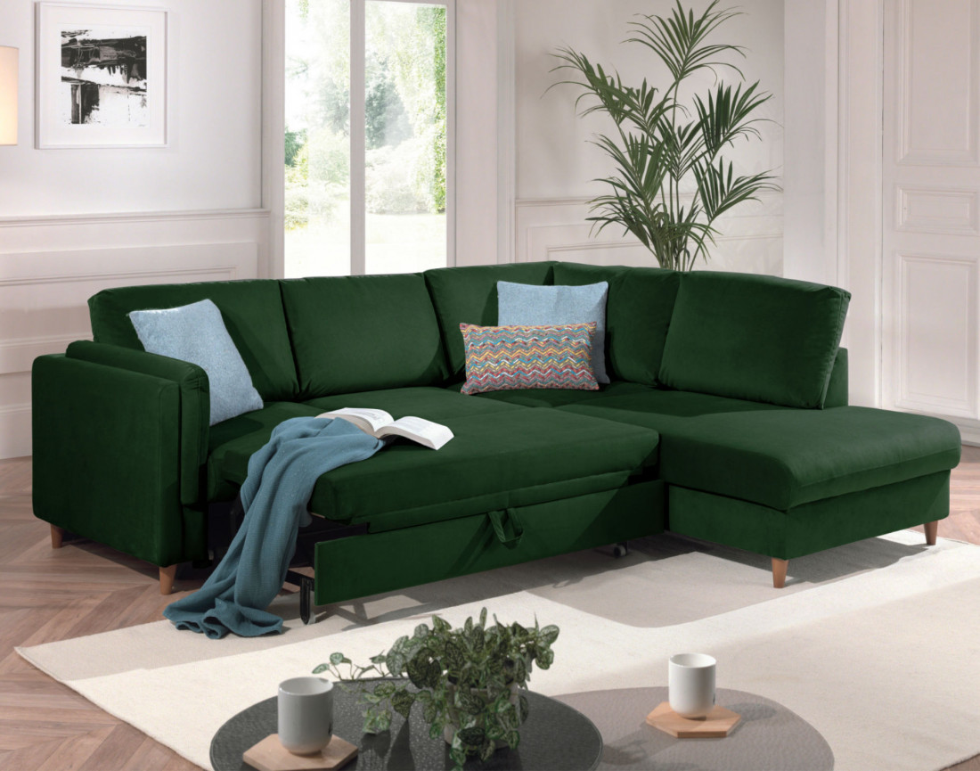 Canapé d'angle droit convertible 5 places en velours Brooke