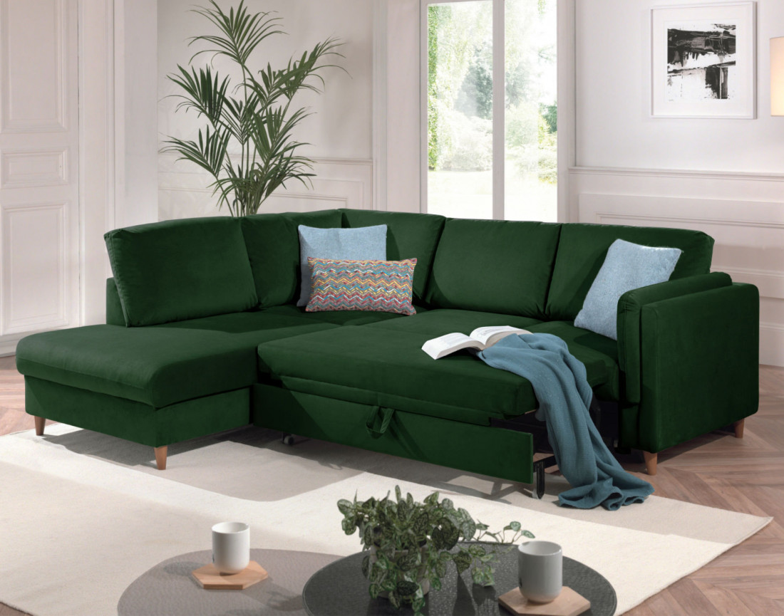 Canapé d'angle gauche convertible 5 places en velours Brooke