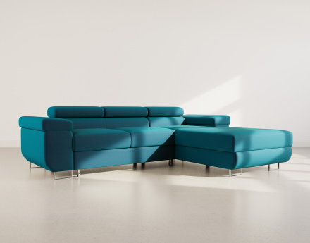 Canapé d'angle droit 6 places convertible avec coffre et têtières réglables en velours Pablo