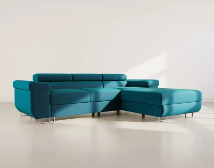 Canapé d'angle droit 6 places convertible avec coffre et têtières réglables en velours Pablo