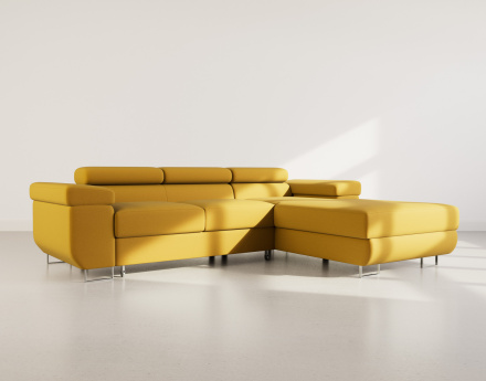 Canapé d'angle droit 6 places convertible avec coffre et têtières réglables en velours Pablo