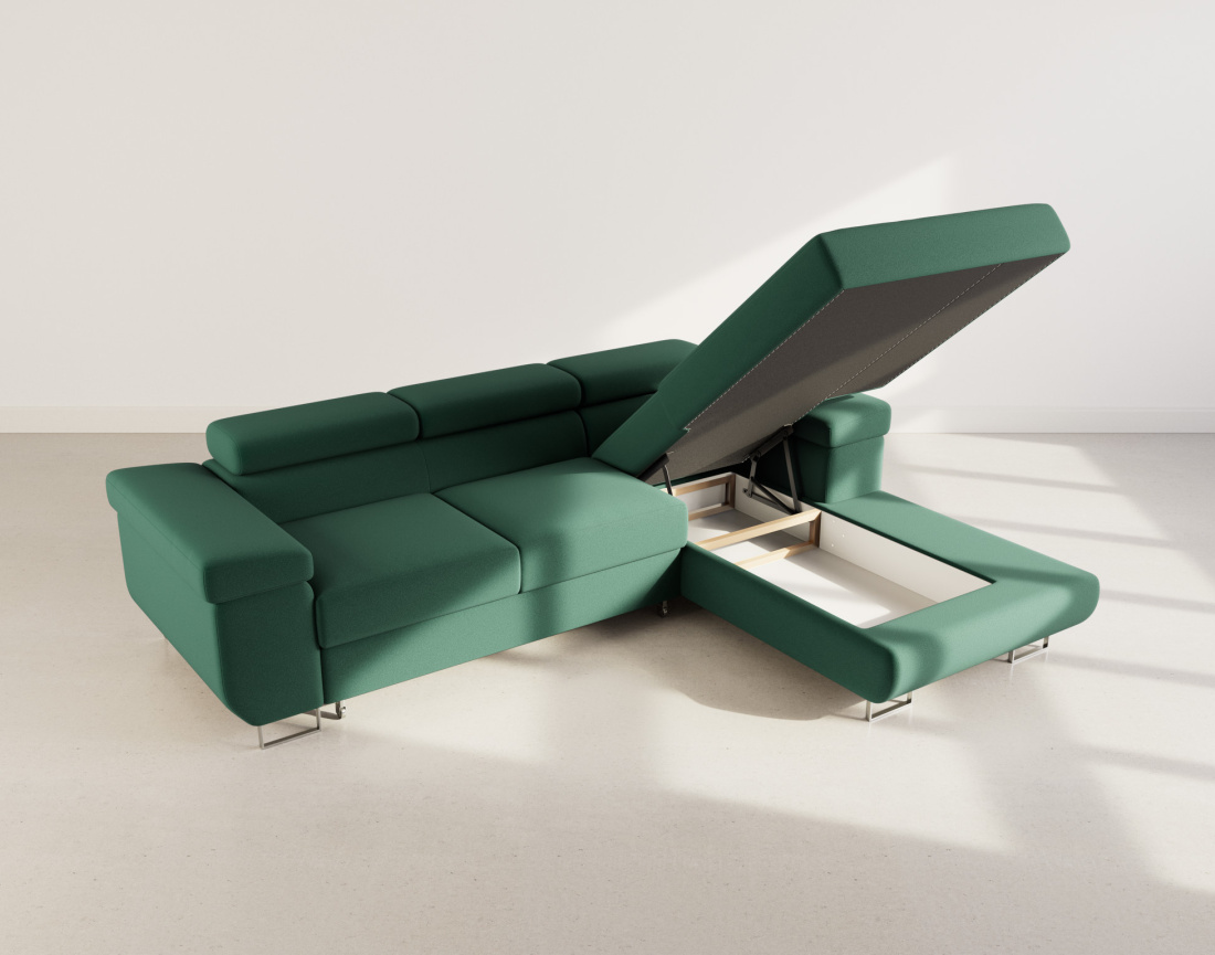 Canapé d'angle droit 6 places convertible avec coffre et têtières réglables en velours Pablo