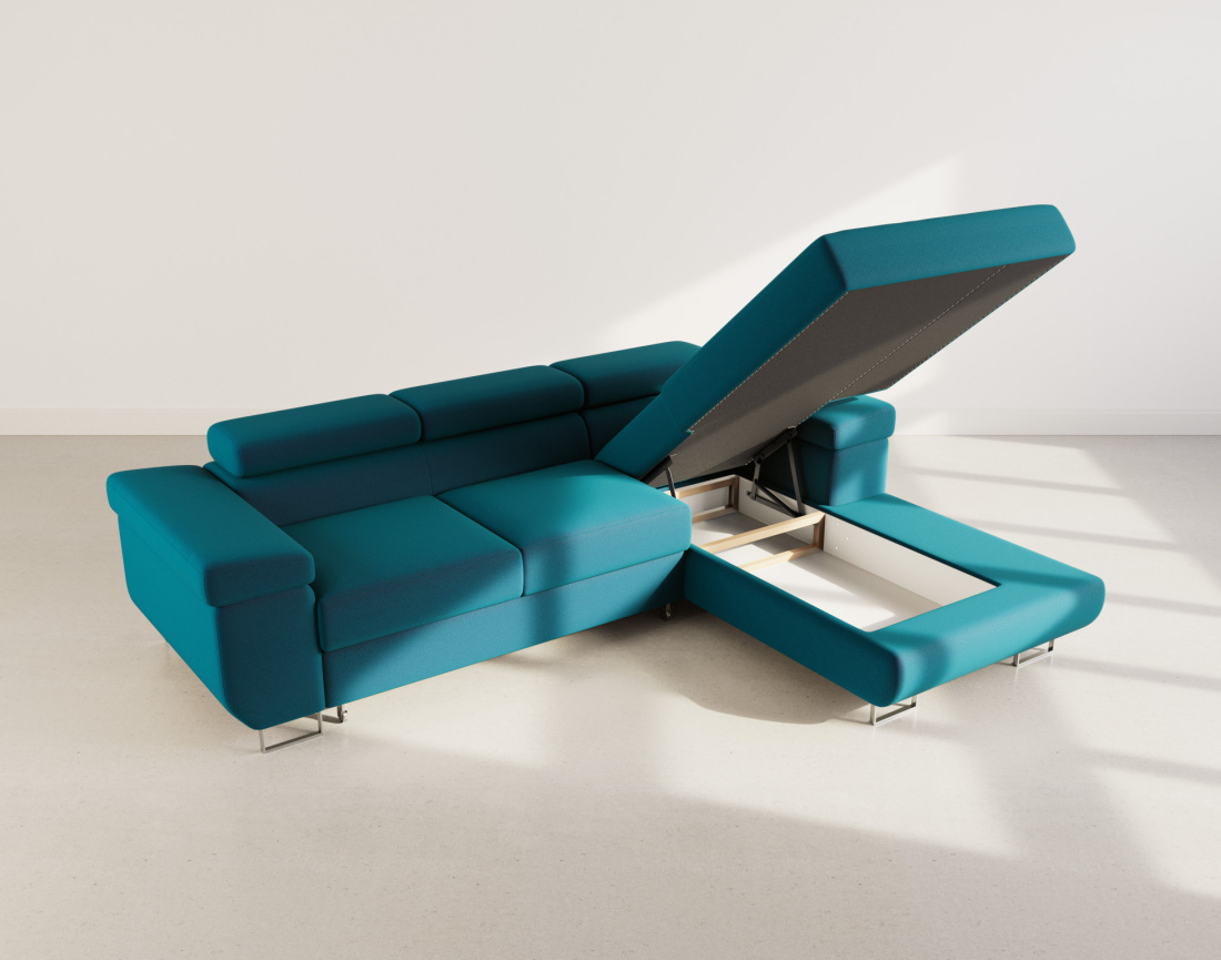 Canapé d'angle droit 6 places convertible avec coffre et têtières réglables en velours Pablo