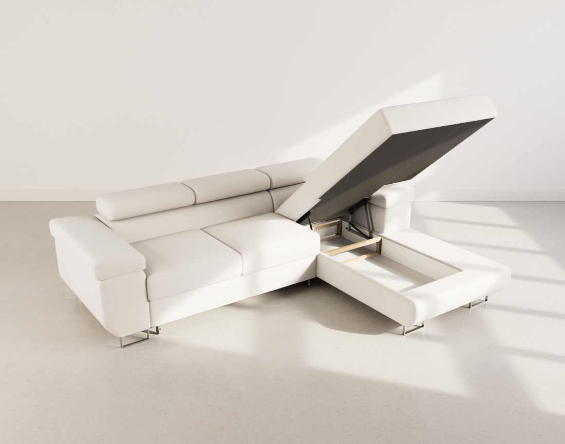 Canapé d'angle droit 6 places convertible avec coffre et têtières réglables en velours Pablo