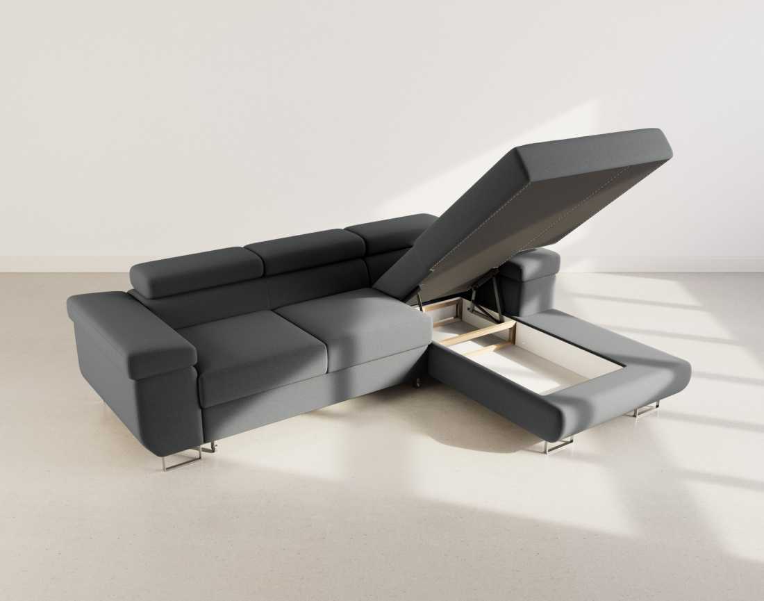 Canapé d'angle droit 6 places convertible avec coffre et têtières réglables en velours Pablo