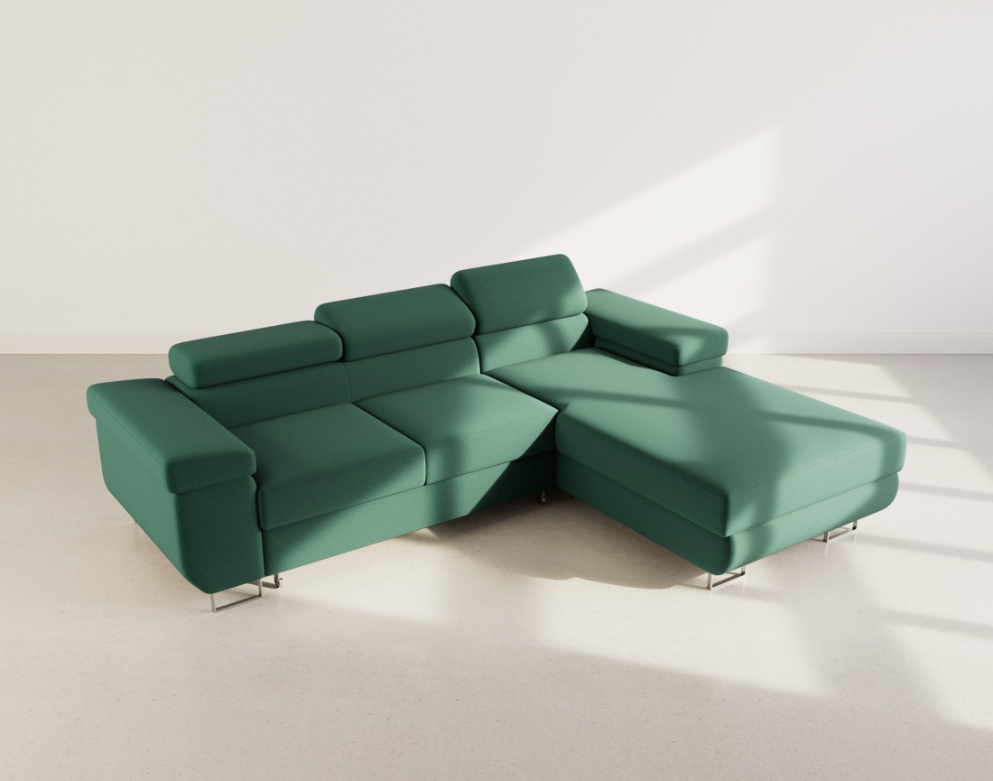 Canapé d'angle droit 6 places convertible avec coffre et têtières réglables en velours Pablo