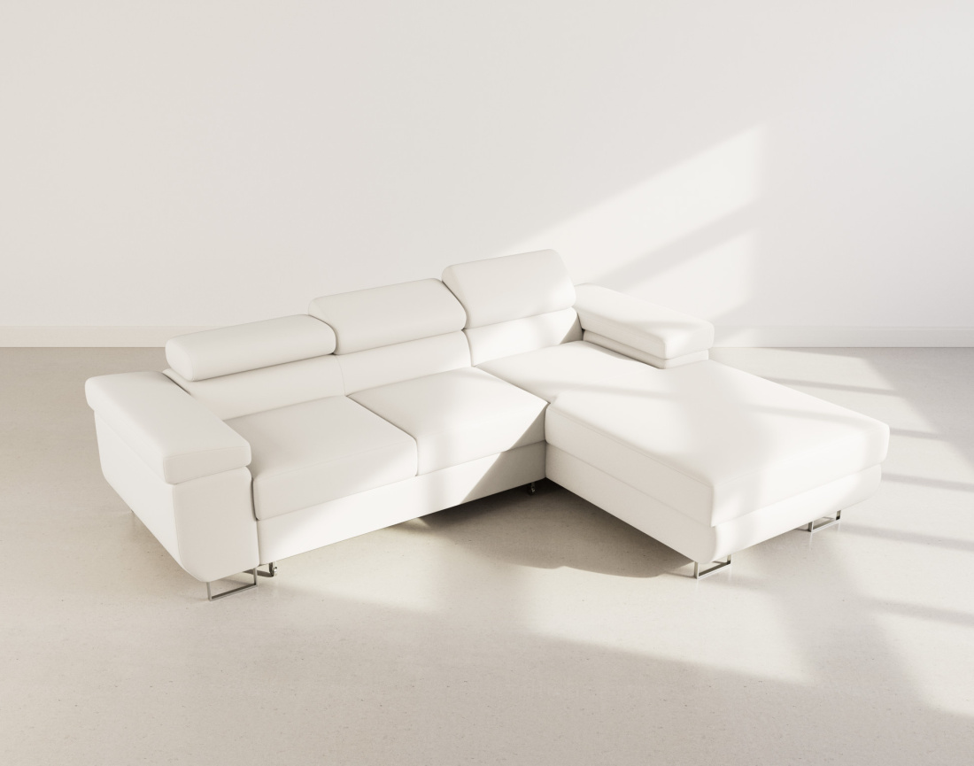 Canapé d'angle droit 6 places convertible avec coffre et têtières réglables en velours Pablo