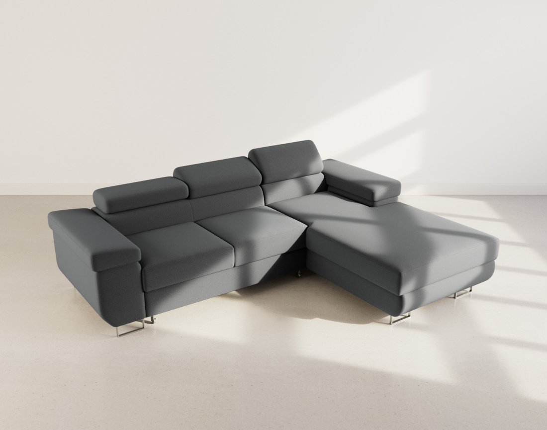 Canapé d'angle droit 6 places convertible avec coffre et têtières réglables en velours Pablo